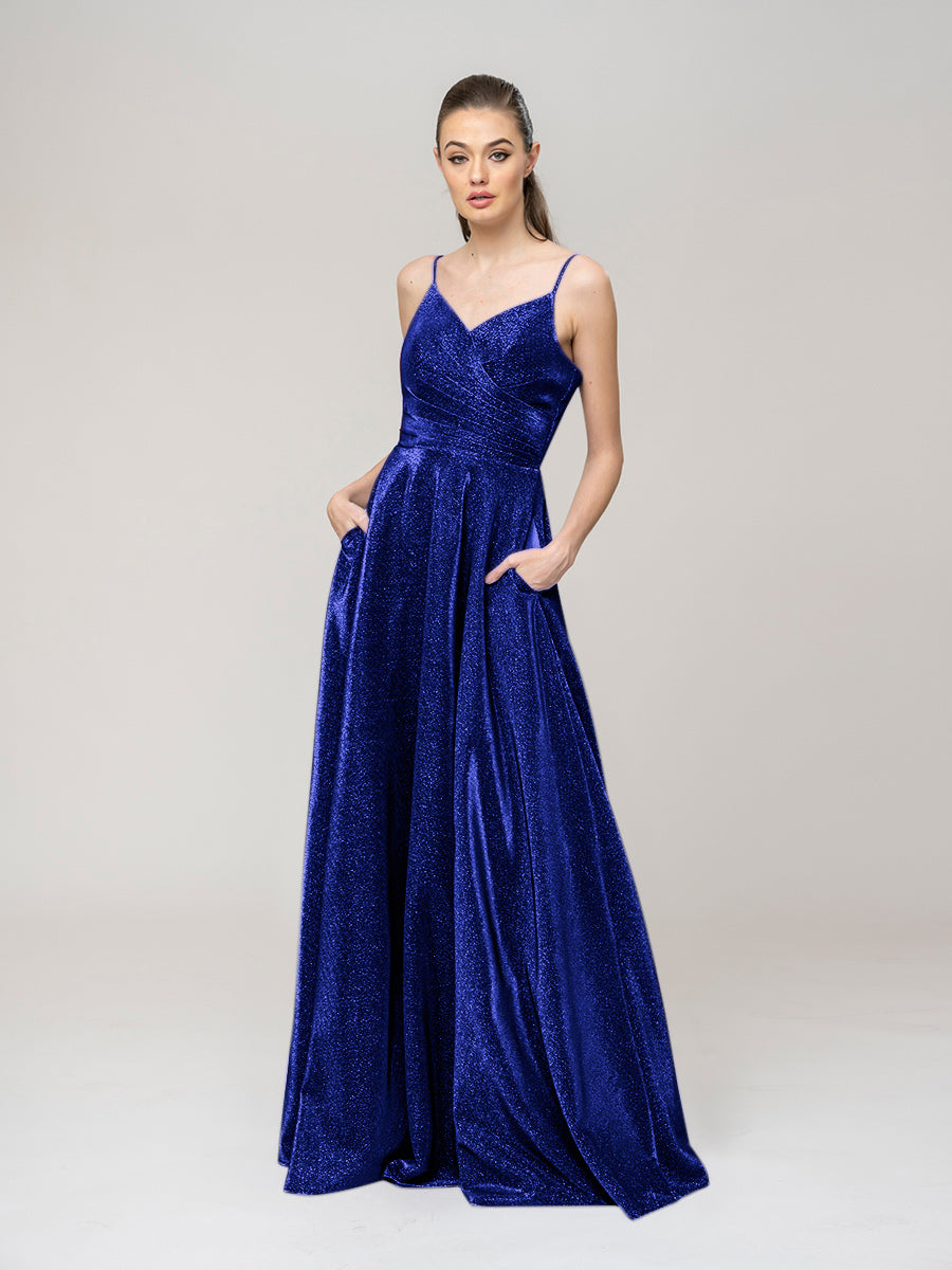 Colors 2635 Colors Long Spaghetti Strap Metallic Prom Gown for $283.99 –  The Dress Outlet